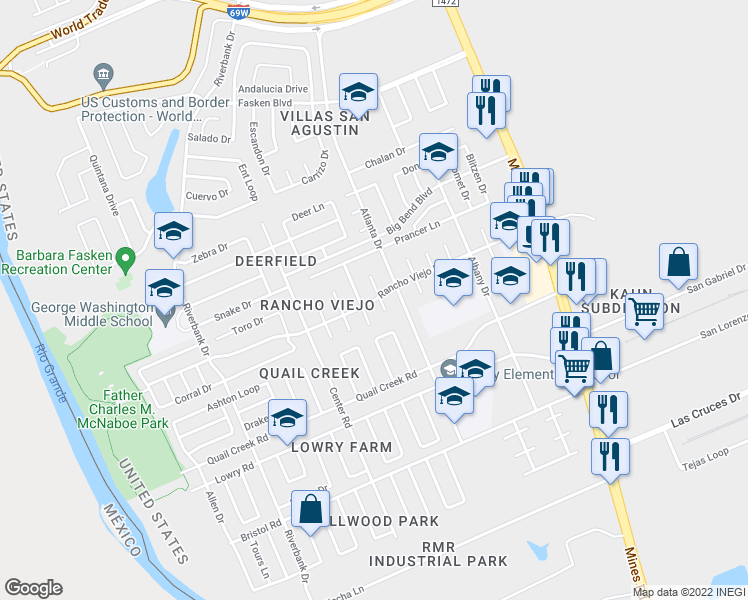 map of restaurants, bars, coffee shops, grocery stores, and more near Rancho Viejo Drive in Laredo