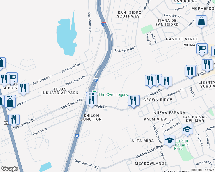 map of restaurants, bars, coffee shops, grocery stores, and more near 9019 San Dario Avenue in Laredo