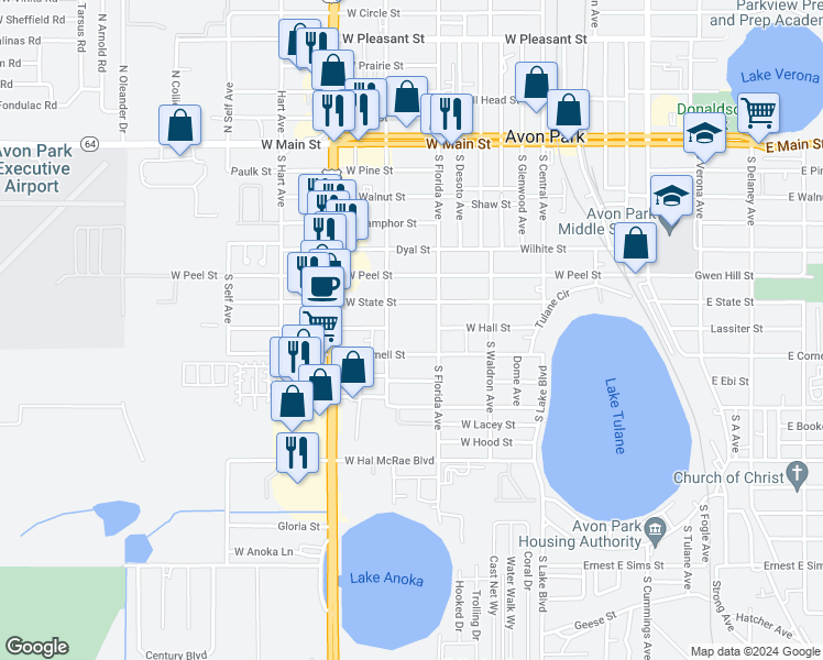 map of restaurants, bars, coffee shops, grocery stores, and more near 911 West State Street in Avon Park
