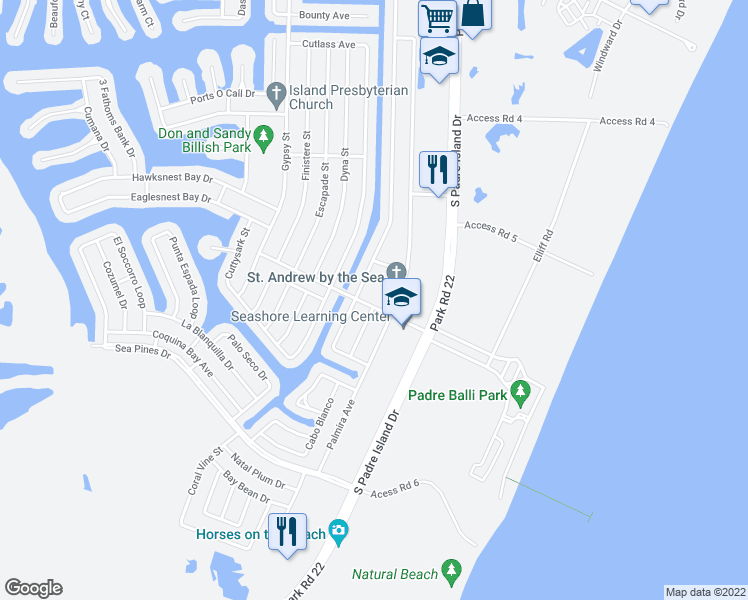 map of restaurants, bars, coffee shops, grocery stores, and more near 14202 Encantada Avenue in Corpus Christi