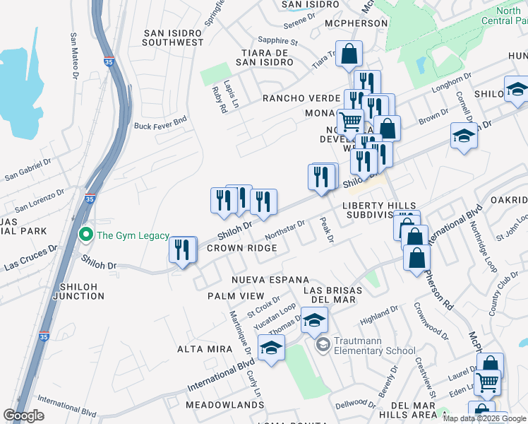 map of restaurants, bars, coffee shops, grocery stores, and more near 504 Shiloh Drive in Laredo