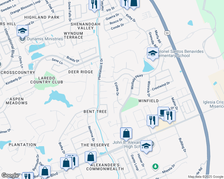 map of restaurants, bars, coffee shops, grocery stores, and more near 3003 Falcon Ridge Cove in Laredo
