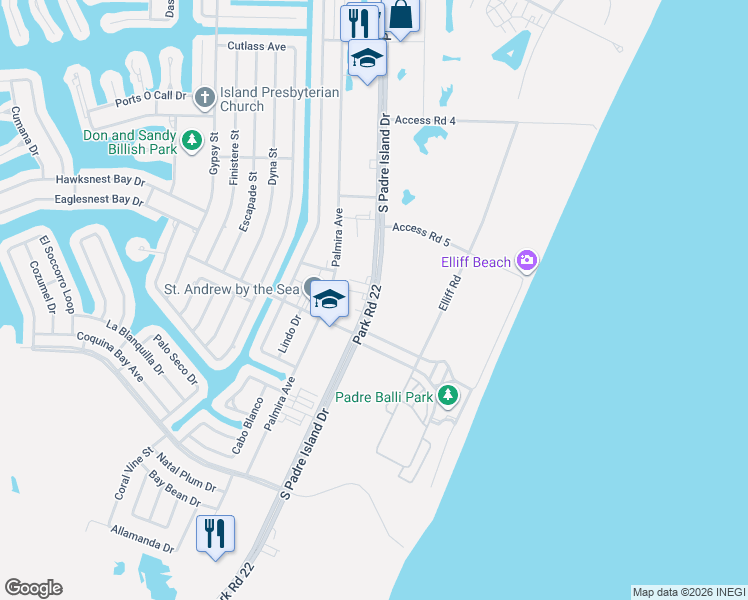 map of restaurants, bars, coffee shops, grocery stores, and more near 15812 South Padre Island Drive in Corpus Christi