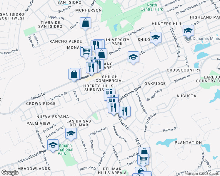 map of restaurants, bars, coffee shops, grocery stores, and more near 8801 McPherson Road in Laredo