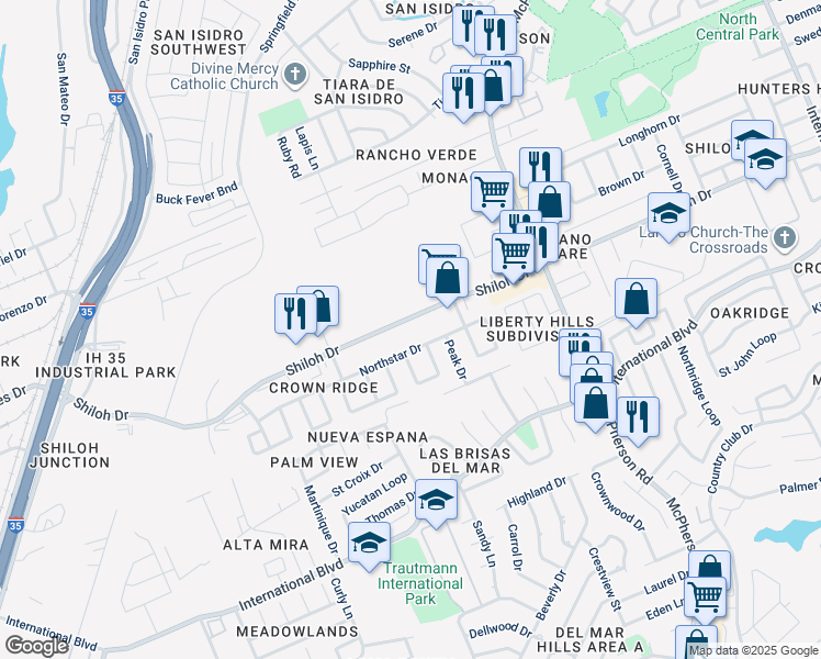 map of restaurants, bars, coffee shops, grocery stores, and more near in Laredo