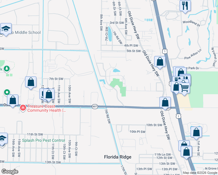 map of restaurants, bars, coffee shops, grocery stores, and more near 729 Timber Ridge Trail Southwest in Vero Beach