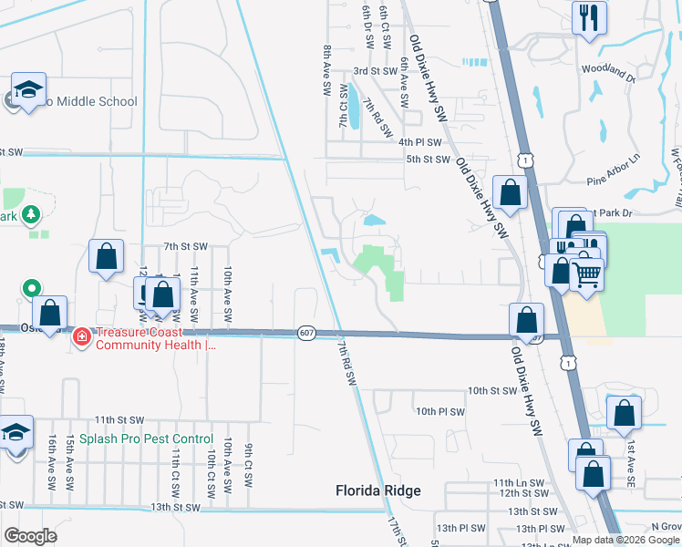 map of restaurants, bars, coffee shops, grocery stores, and more near 729 Timber Ridge Trail Southwest in Vero Beach