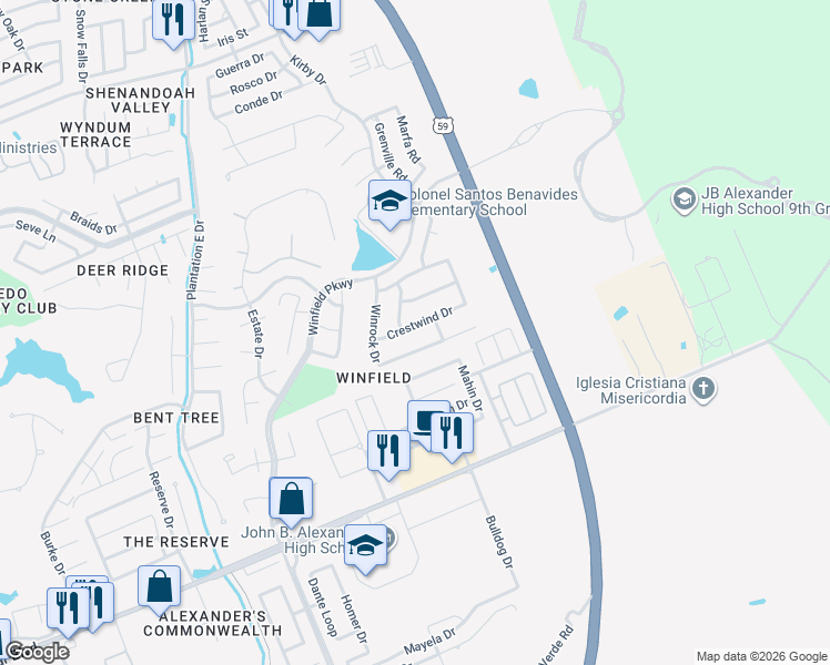 map of restaurants, bars, coffee shops, grocery stores, and more near 3821 Crestwind Drive in Laredo