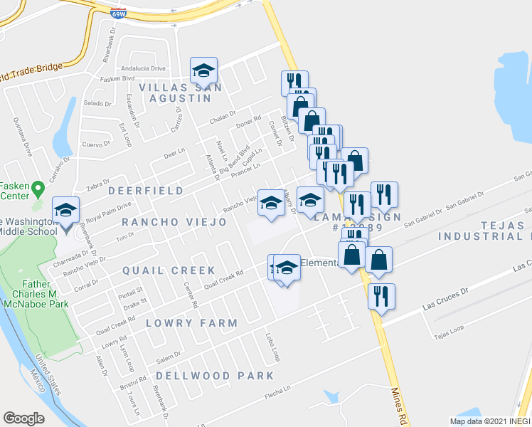 map of restaurants, bars, coffee shops, grocery stores, and more near 313 Potrero Court in Laredo