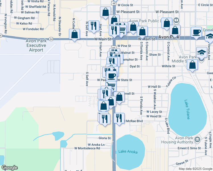 map of restaurants, bars, coffee shops, grocery stores, and more near 1112 West Hall Street in Avon Park