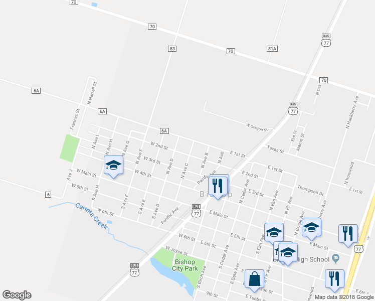 map of restaurants, bars, coffee shops, grocery stores, and more near 301 West 2nd Street in Bishop