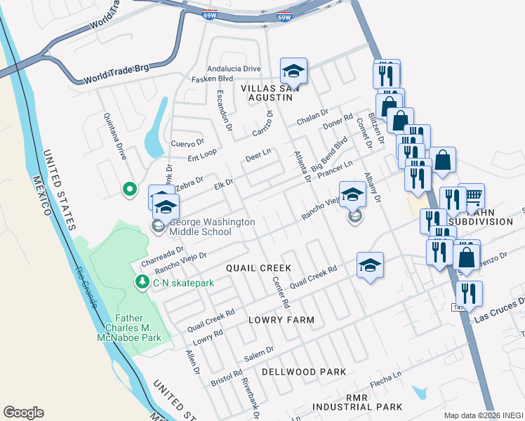 map of restaurants, bars, coffee shops, grocery stores, and more near 417 Falcete Court in Laredo
