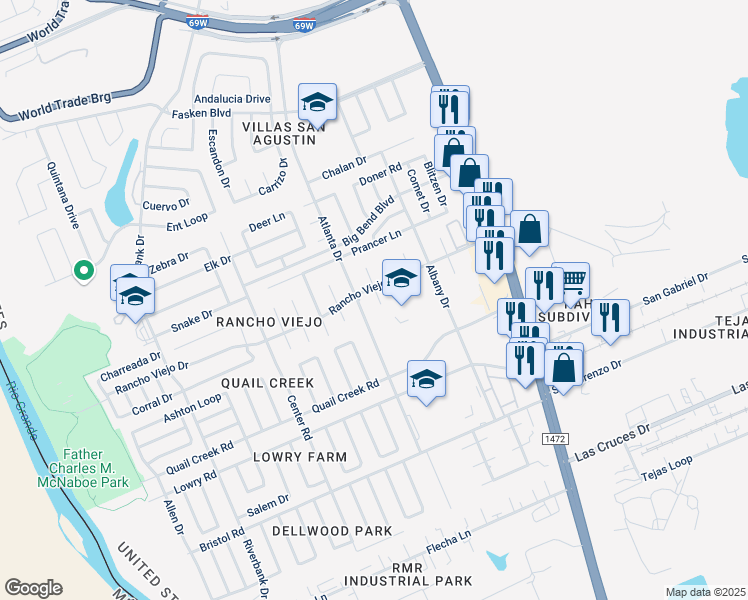 map of restaurants, bars, coffee shops, grocery stores, and more near 306 Sendero Court in Laredo