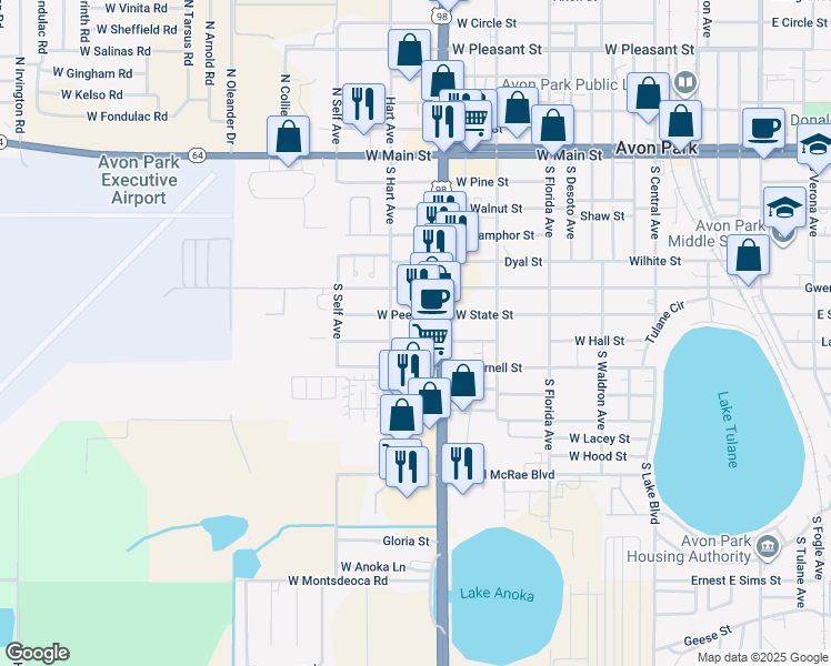 map of restaurants, bars, coffee shops, grocery stores, and more near 1112 West Hall Street in Avon Park
