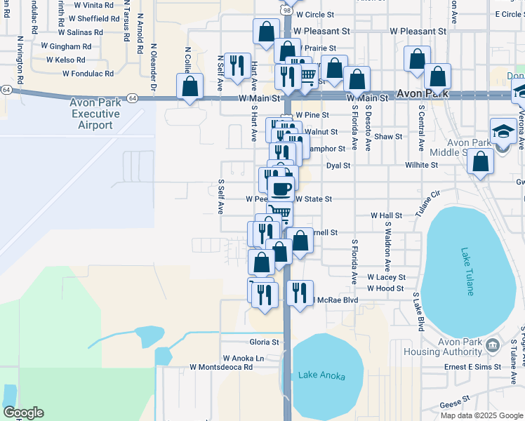 map of restaurants, bars, coffee shops, grocery stores, and more near 1112 West Hall Street in Avon Park