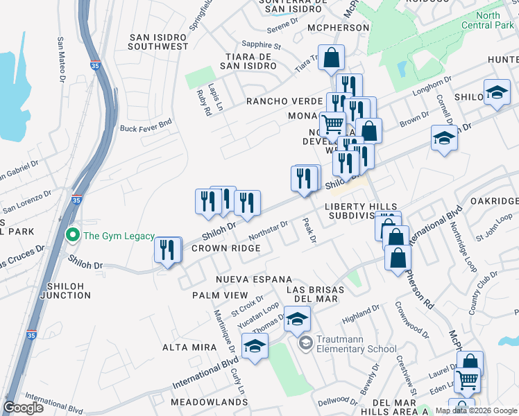 map of restaurants, bars, coffee shops, grocery stores, and more near 504 Shiloh Drive in Laredo