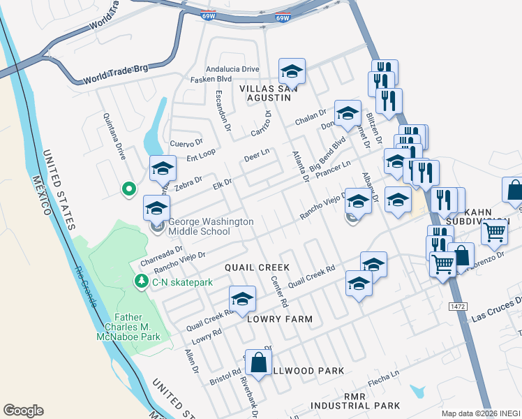 map of restaurants, bars, coffee shops, grocery stores, and more near 417 Falcete Court in Laredo
