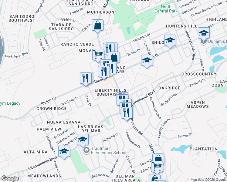 map of restaurants, bars, coffee shops, grocery stores, and more near 8806 Liberty Loop in Laredo