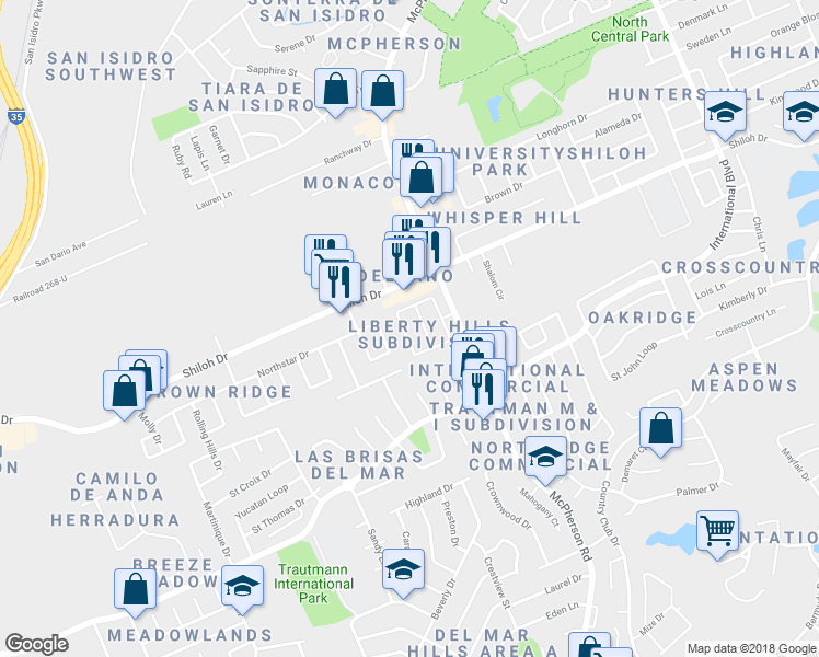 map of restaurants, bars, coffee shops, grocery stores, and more near 8831 Liberty Loop in Laredo