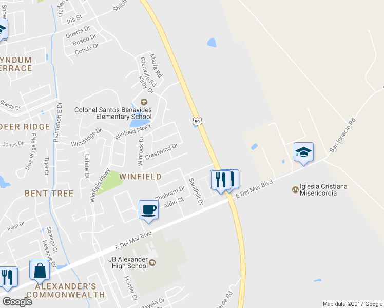 map of restaurants, bars, coffee shops, grocery stores, and more near 3841 Winrock Drive in Laredo