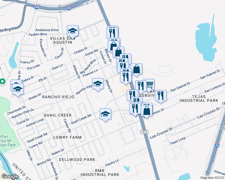 map of restaurants, bars, coffee shops, grocery stores, and more near 9611 Albany Drive in Laredo