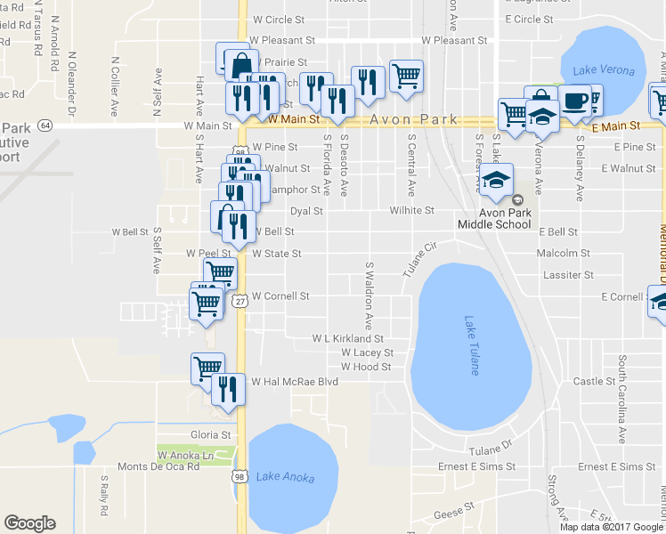map of restaurants, bars, coffee shops, grocery stores, and more near 605 South Florida Avenue in Avon Park