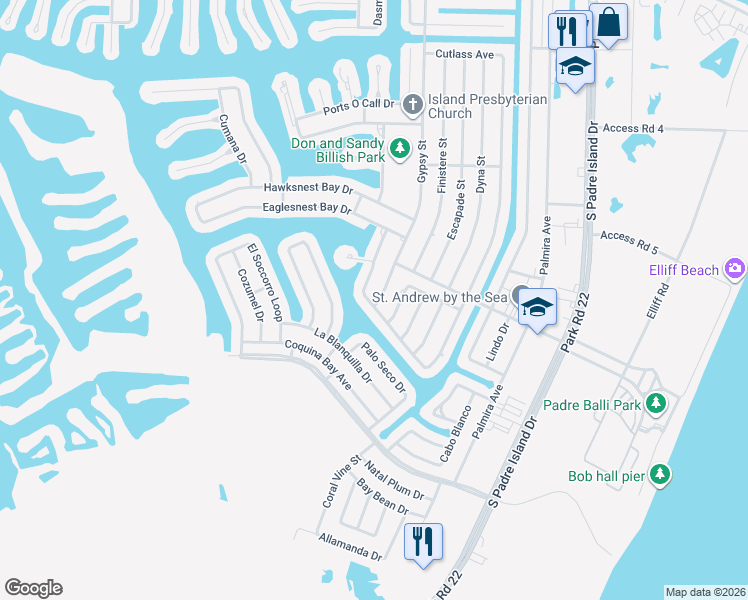 map of restaurants, bars, coffee shops, grocery stores, and more near 15829 Gypsy Street in Corpus Christi
