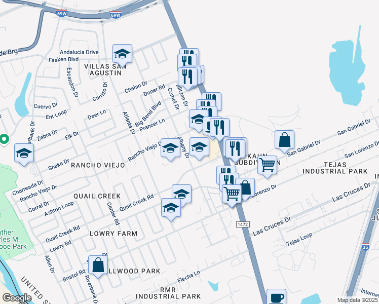map of restaurants, bars, coffee shops, grocery stores, and more near 9611 Albany Drive in Laredo