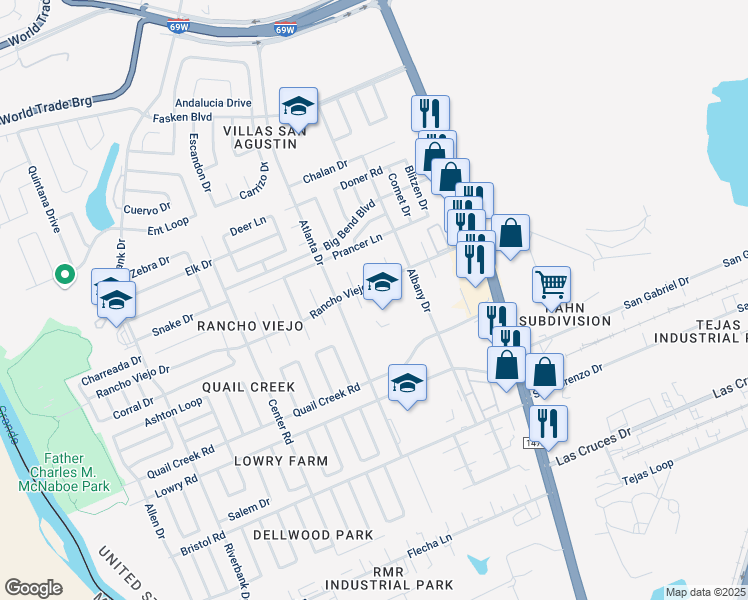 map of restaurants, bars, coffee shops, grocery stores, and more near 306 Sendero Court in Laredo