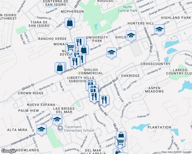 map of restaurants, bars, coffee shops, grocery stores, and more near 8801 McPherson Road in Laredo