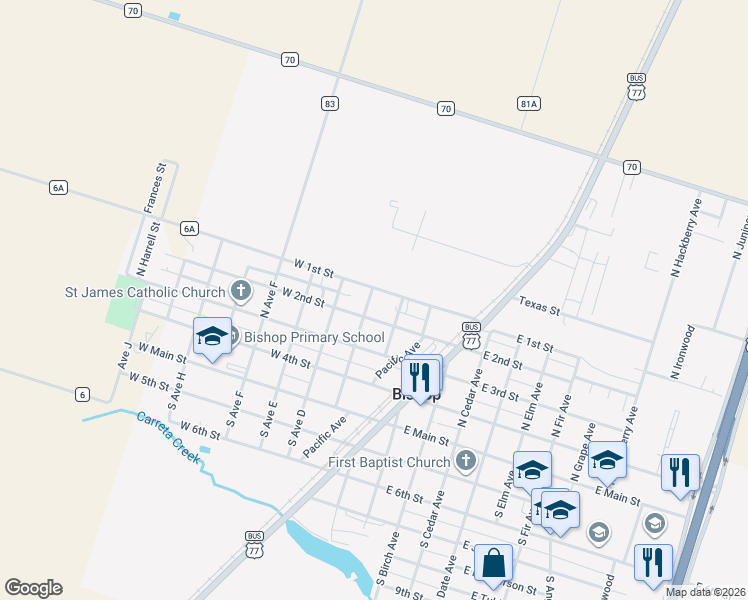 map of restaurants, bars, coffee shops, grocery stores, and more near 301 West 2nd Street in Bishop