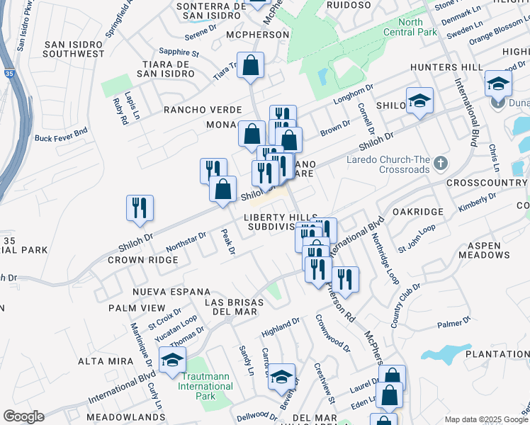 map of restaurants, bars, coffee shops, grocery stores, and more near 8831 Liberty Loop in Laredo