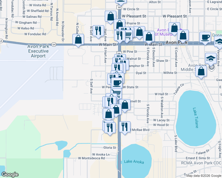 map of restaurants, bars, coffee shops, grocery stores, and more near 1112 West Hall Street in Avon Park