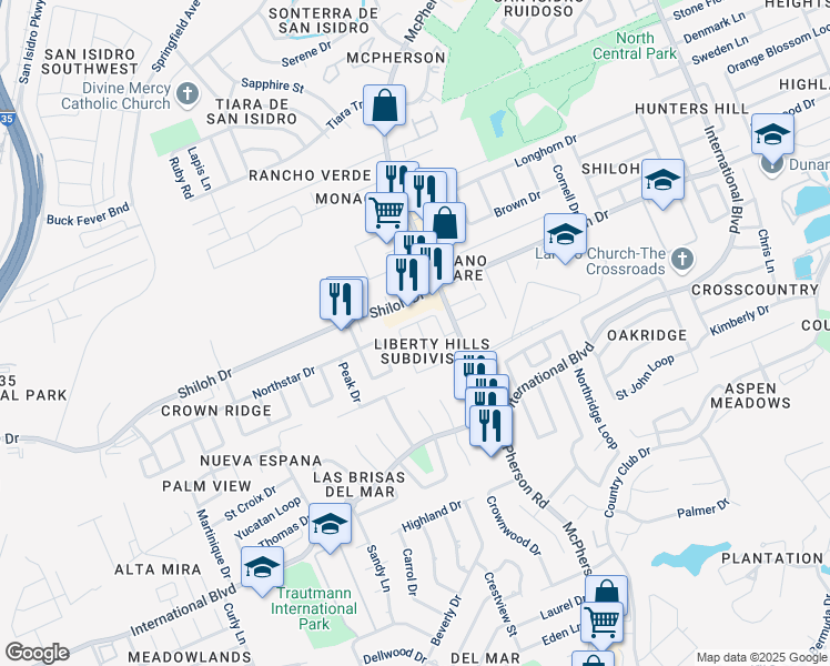 map of restaurants, bars, coffee shops, grocery stores, and more near 8831 Liberty Loop in Laredo