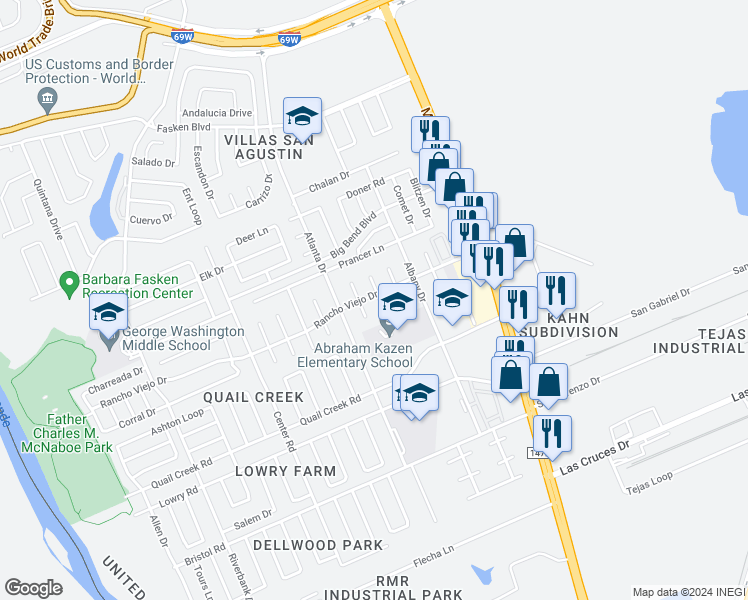 map of restaurants, bars, coffee shops, grocery stores, and more near 302 Potrero Court in Laredo