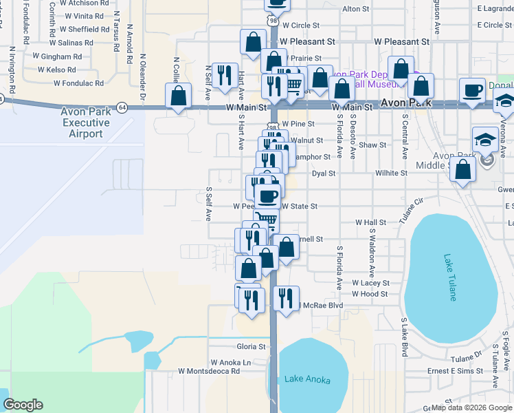 map of restaurants, bars, coffee shops, grocery stores, and more near 1112 West Hall Street in Avon Park