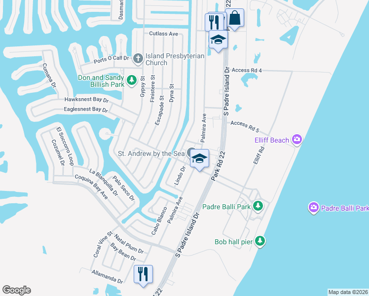 map of restaurants, bars, coffee shops, grocery stores, and more near 14202 Encantada Avenue in Corpus Christi