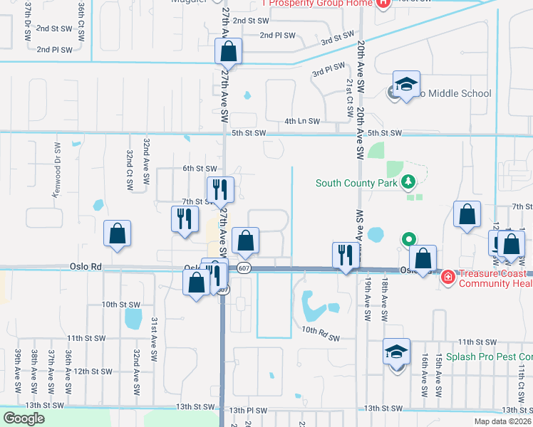 map of restaurants, bars, coffee shops, grocery stores, and more near 2584 Stockbridge Square Southwest in Vero Beach