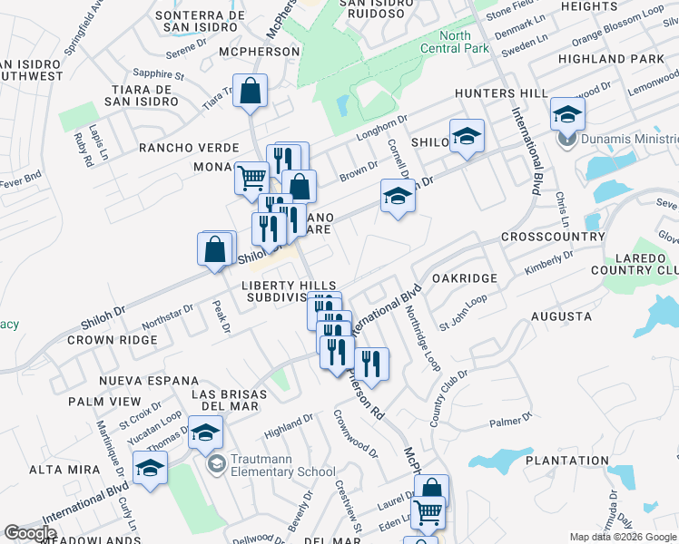 map of restaurants, bars, coffee shops, grocery stores, and more near 8801 McPherson Road in Laredo