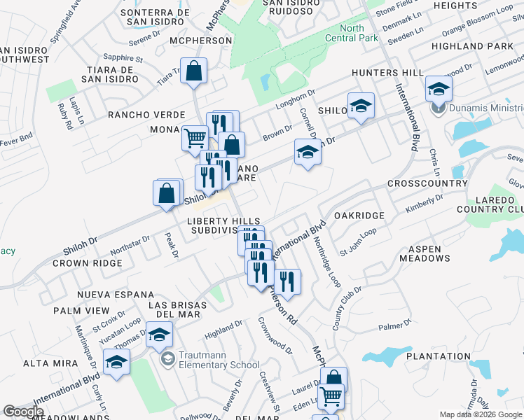 map of restaurants, bars, coffee shops, grocery stores, and more near 8801 McPherson Road in Laredo