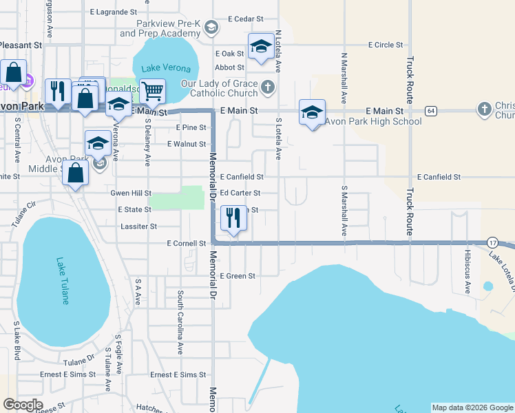 map of restaurants, bars, coffee shops, grocery stores, and more near 505 Malcolm Street in Avon Park
