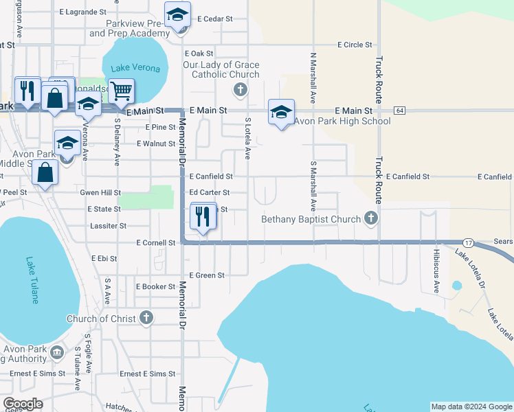 map of restaurants, bars, coffee shops, grocery stores, and more near 321 Blanco Court in Avon Park