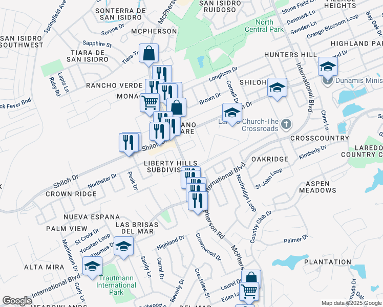 map of restaurants, bars, coffee shops, grocery stores, and more near 8915 McPherson Road in Laredo