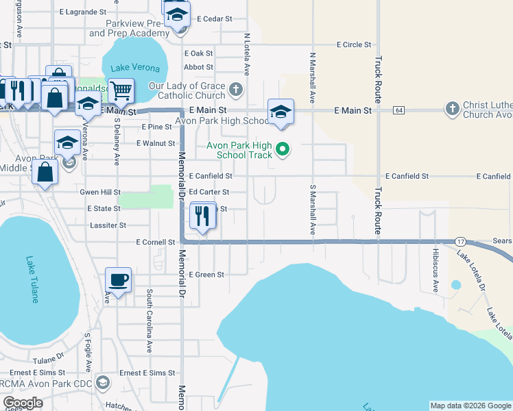 map of restaurants, bars, coffee shops, grocery stores, and more near 321 Blanco Court in Avon Park