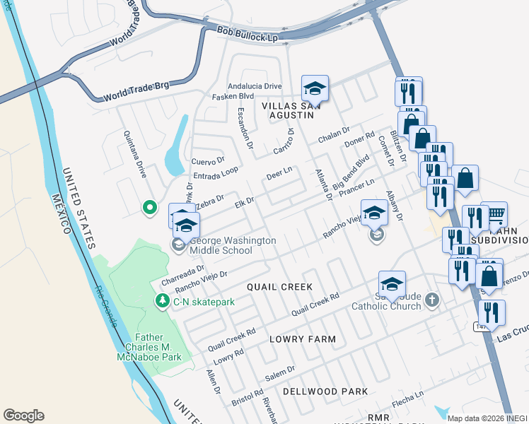 map of restaurants, bars, coffee shops, grocery stores, and more near 10215 Center Road in Laredo