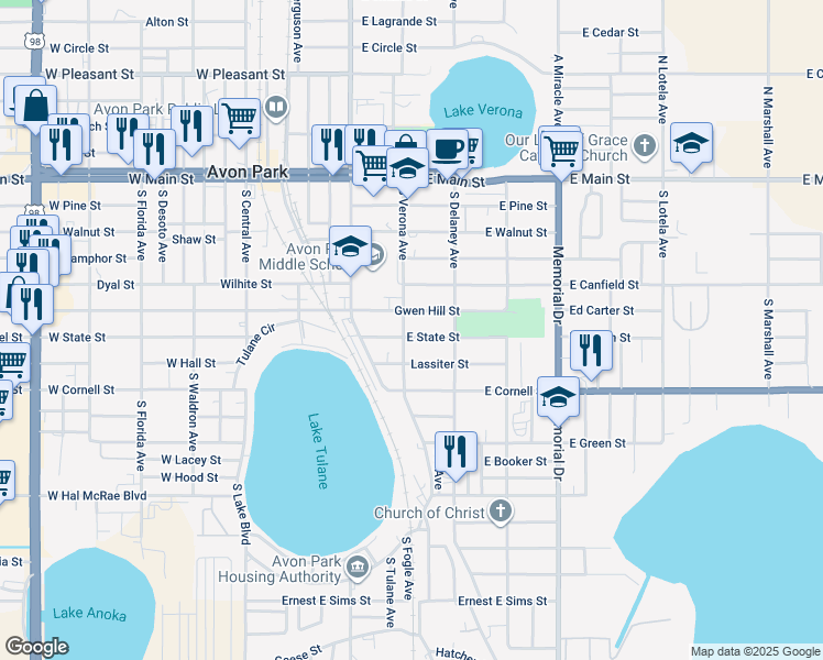 map of restaurants, bars, coffee shops, grocery stores, and more near 118 East Bell Street in Avon Park