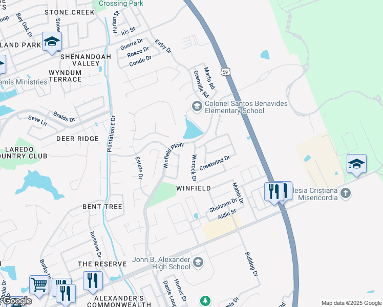 map of restaurants, bars, coffee shops, grocery stores, and more near 3241 Windfall Road in Laredo