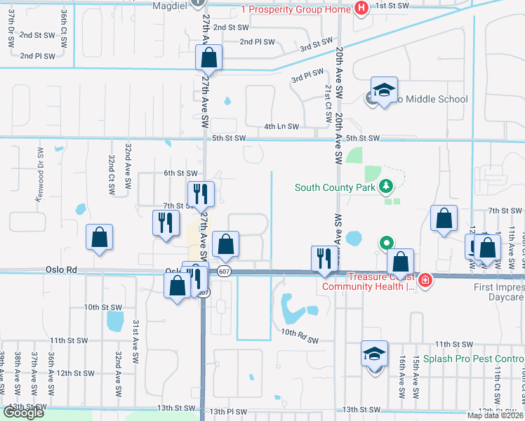 map of restaurants, bars, coffee shops, grocery stores, and more near 2603 Stockbridge Square Southwest in Vero Beach