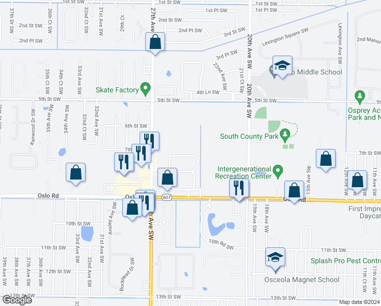 map of restaurants, bars, coffee shops, grocery stores, and more near 2597 Stockbridge Square Southwest in Vero Beach