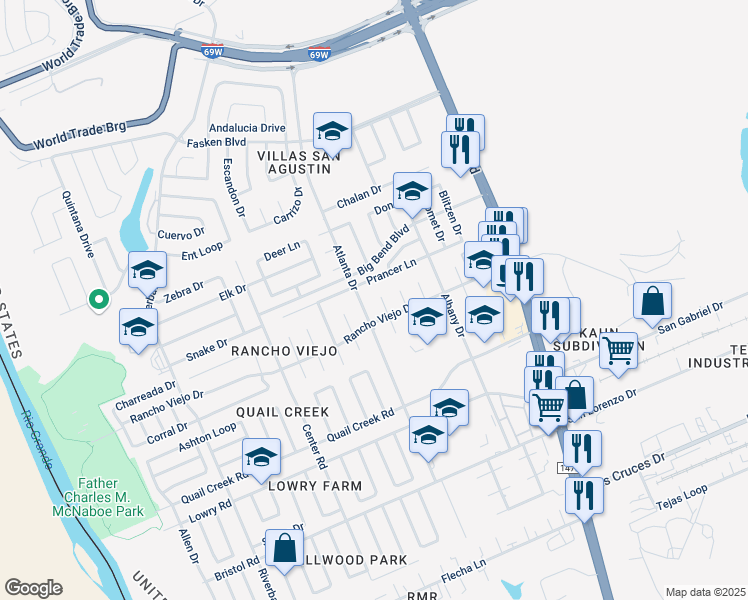 map of restaurants, bars, coffee shops, grocery stores, and more near 414 Potrero Court in Laredo
